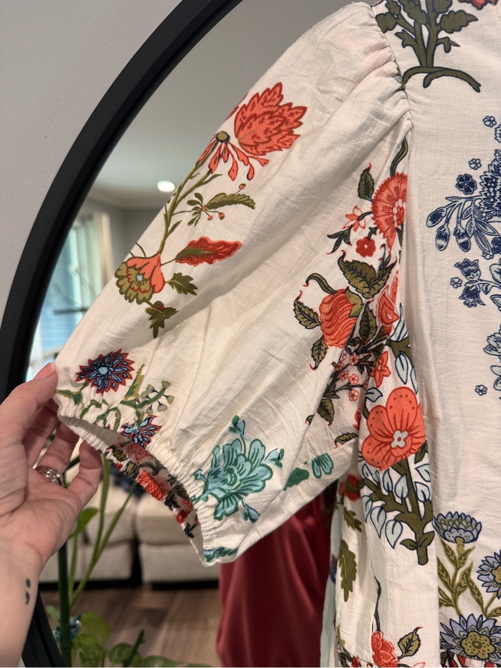 CeCe Cream Floral Tie-Neck Peasant Blouse with Coral and Blue Blooms - Picture 3 of 6